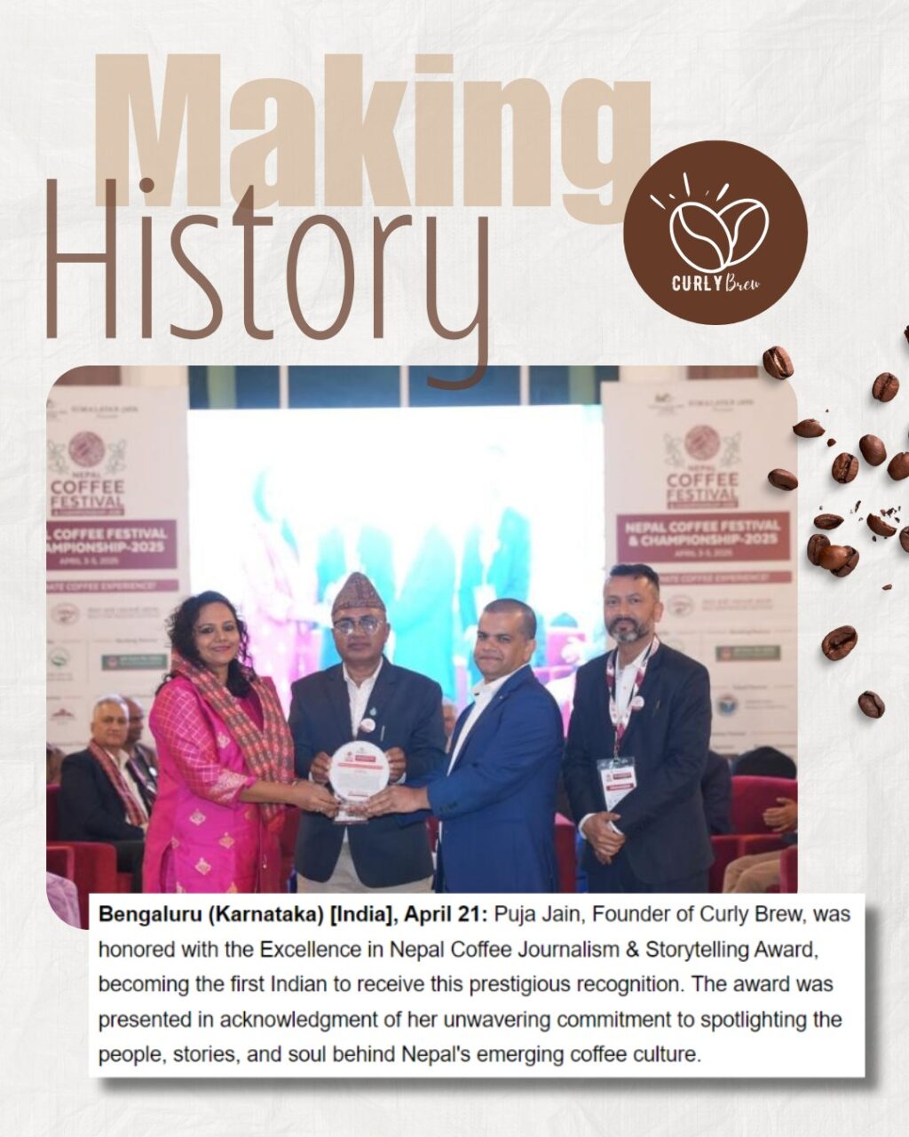 coffee excellence award to puja jain