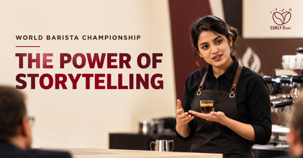 A barista presents a carefully prepared espresso to judges at the World Barista Championship, with a coffee machine and competition setting in the background. Curly Brew editorial cover featuring the headline “The Power of Storytelling