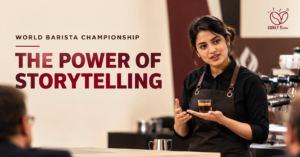 A barista presents a carefully prepared espresso to judges at the World Barista Championship, with a coffee machine and competition setting in the background. Curly Brew editorial cover featuring the headline “The Power of Storytelling