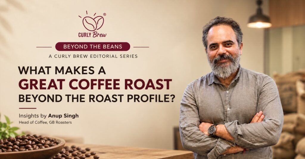 Curly Brew’s Beyond the Beans featured image featuring Anup Singh, Head of Coffee at GB Roasters, for the article “What Makes a Great Coffee Roast Beyond the Roast Profile?”
