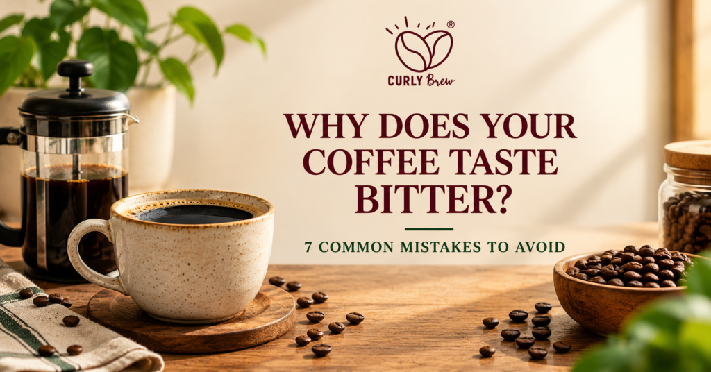 Curly Brew blog banner featuring a cup of black coffee, French press and coffee beans, with the headline - Why Does Your Coffee Taste Bitter? 7 Common Mistakes to Avoid.